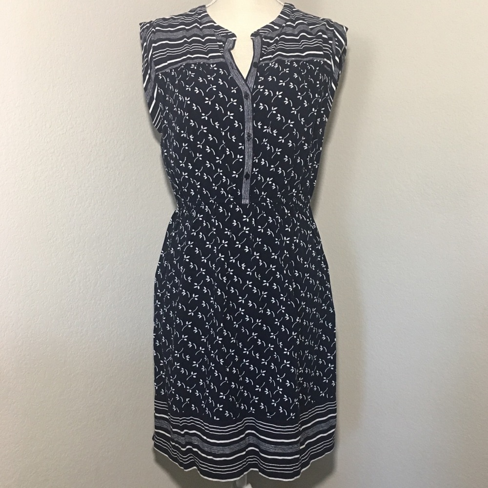 LOFT dress navy blue and white stripes and leafs